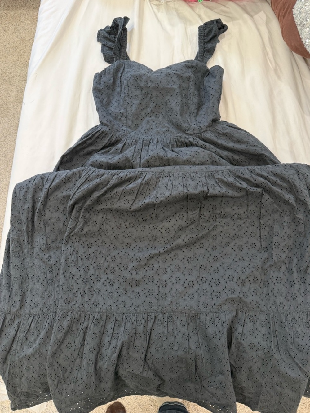 Sleeveless Eyelet Midi Dress in Charcoal Gray